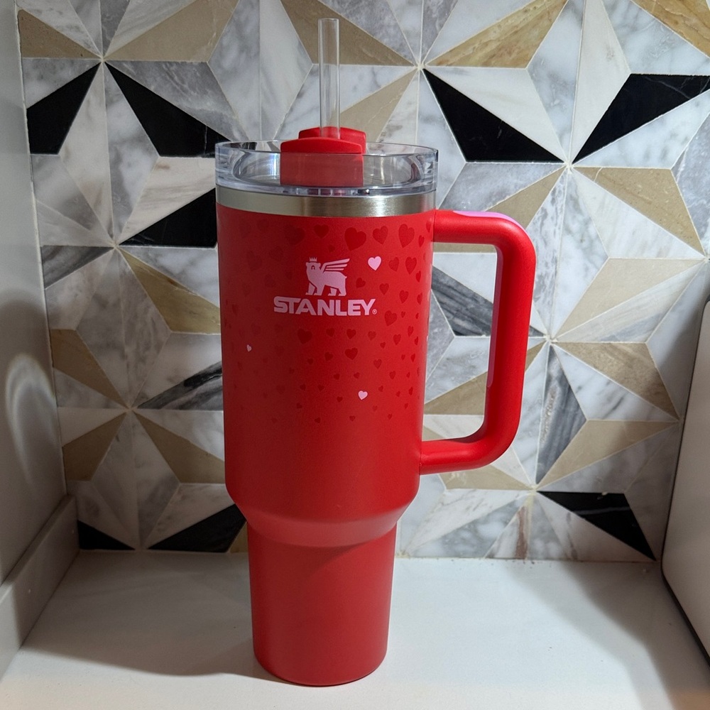 Stanley Heart Pattern Red Tumbler with Straw